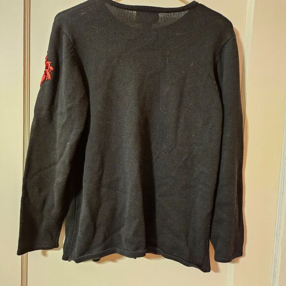 Poinsettia Sequin Cardigan Sweater Quacker Factory Black Christmas Small - Picture 9 of 9